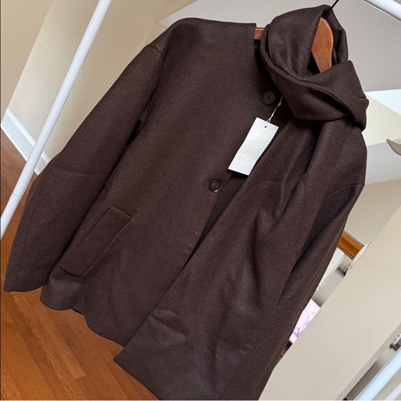 ZARA oversized wool blend short coat with scarf - Picture 2 of 8
